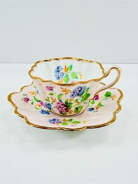 Rosina England Teacup Cup & Saucer Scalloped Edge Hand Painted Flowers Pink Vtg
